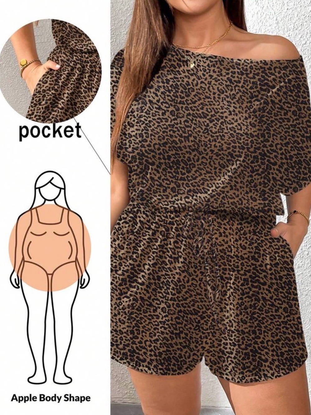 SHEIN Brown Leopard Off-Shoulder Drawstring Romper
